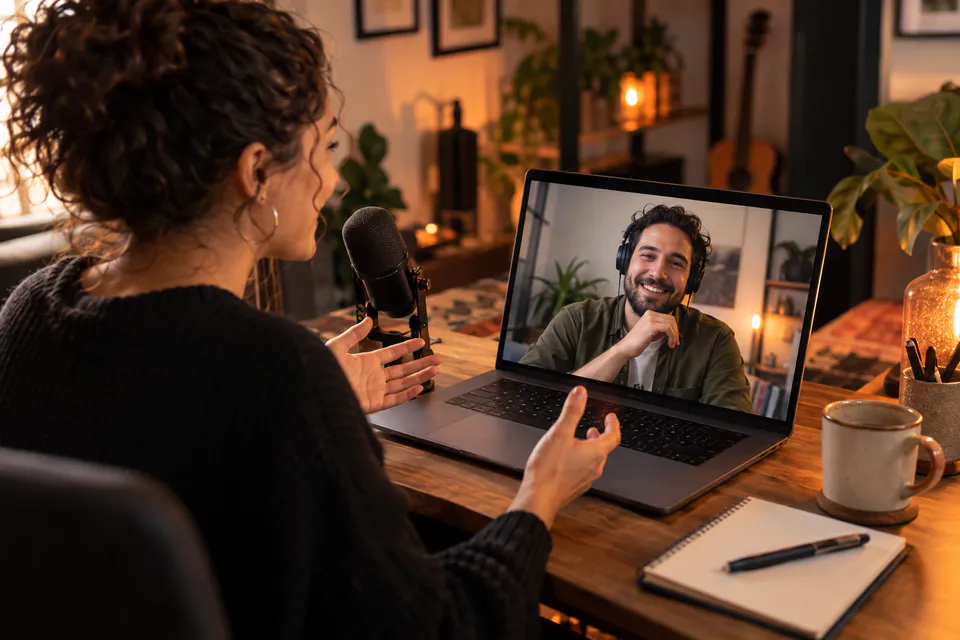 A creator speaking with a prospective guest over a video call in a home studio.