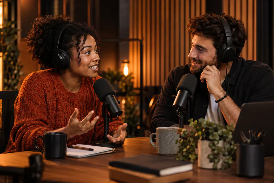 Two podcast hosts talking face to face across microphones in a warm studio.