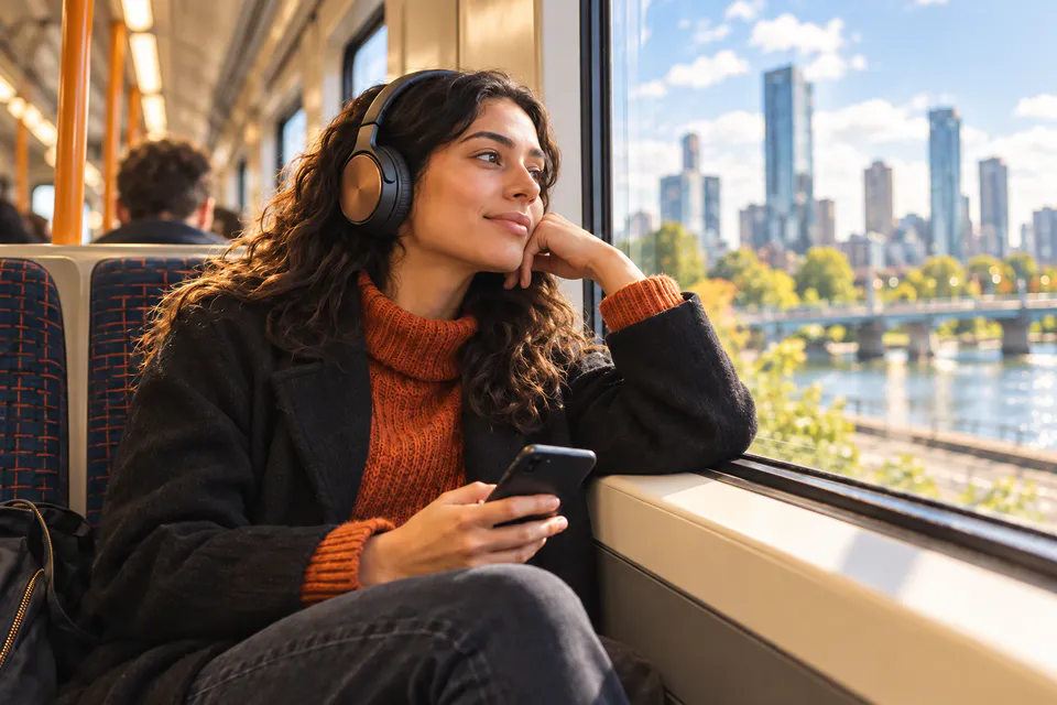 A commuter listening with headphones on a bright daytime train through the city.