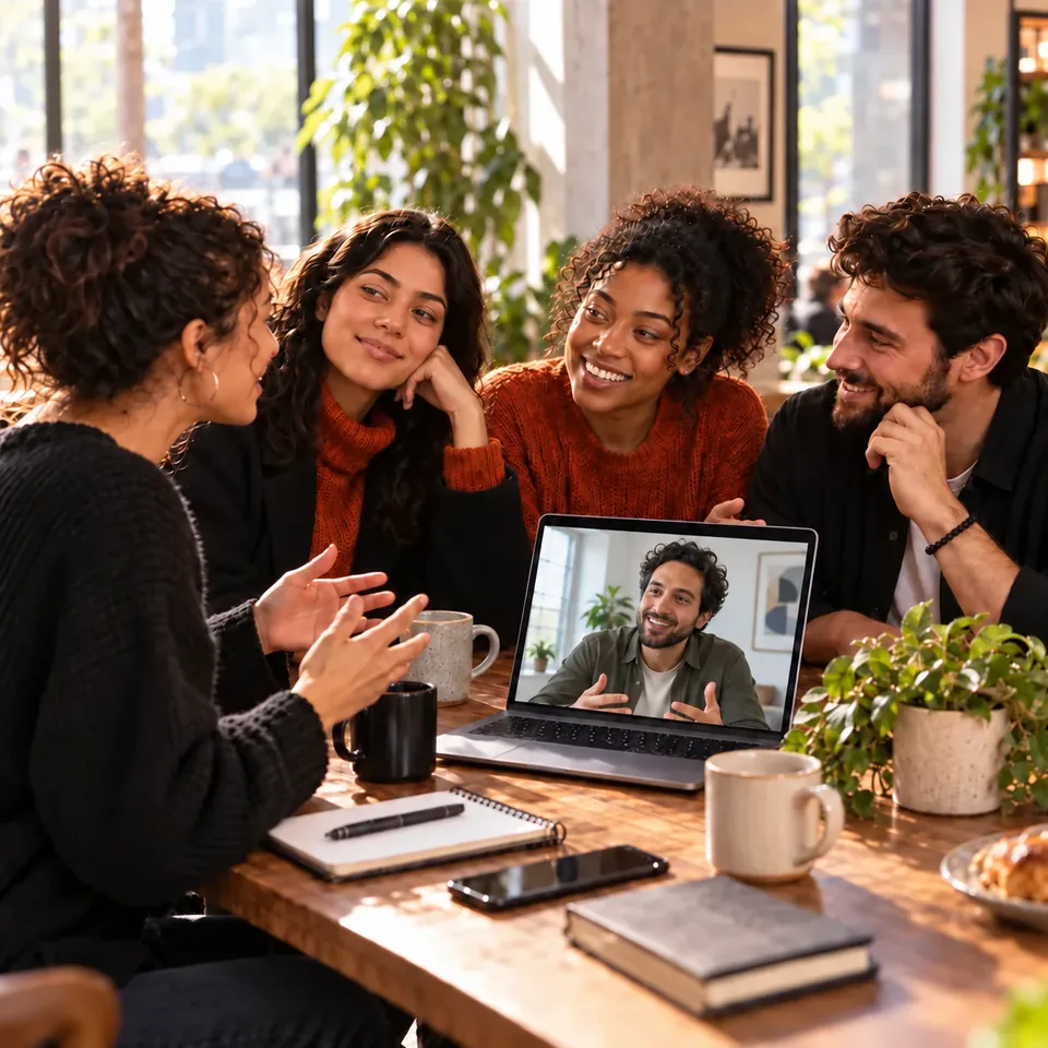 The listener, podcast hosts, and creator from the journey talking together while a collaborator joins by video.